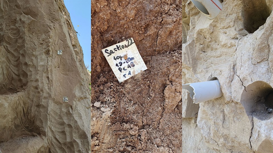 Three images of: handcarved steps at an excavation site in the Khovaling region of Tajikistan, a marker to help mark out the site, and holes in the site where sediment samples have been removed respectively. Photos: Miriam Meister